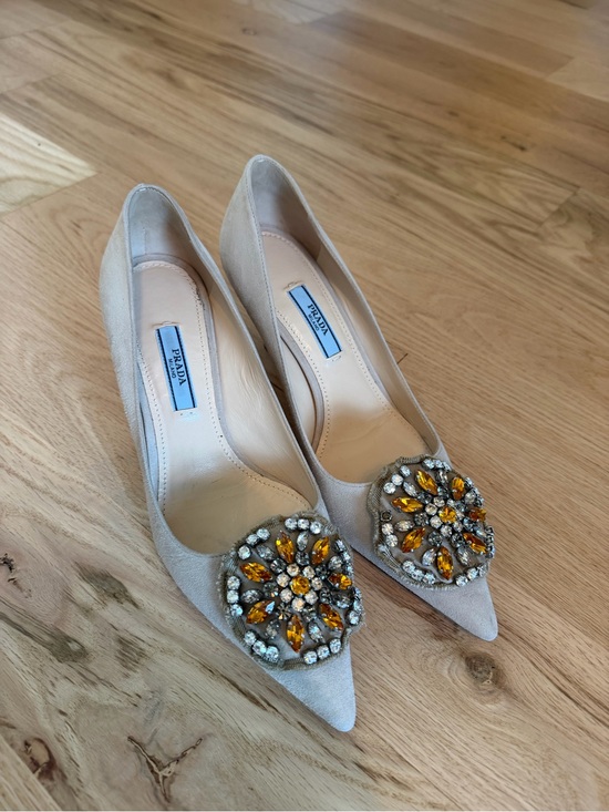 Prada Shoes - Prada Beige Suede Pointed-Toe Pumps with Amber Crystal Brooch